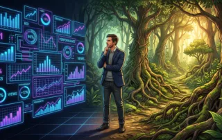 Modern iş dünyasında KPI ve başarı ölçümünün insan potansiyeli ve gerçeklikle etkileşimini, koçluk ve liderlik perspektifinden gösteren illüstrasyon.