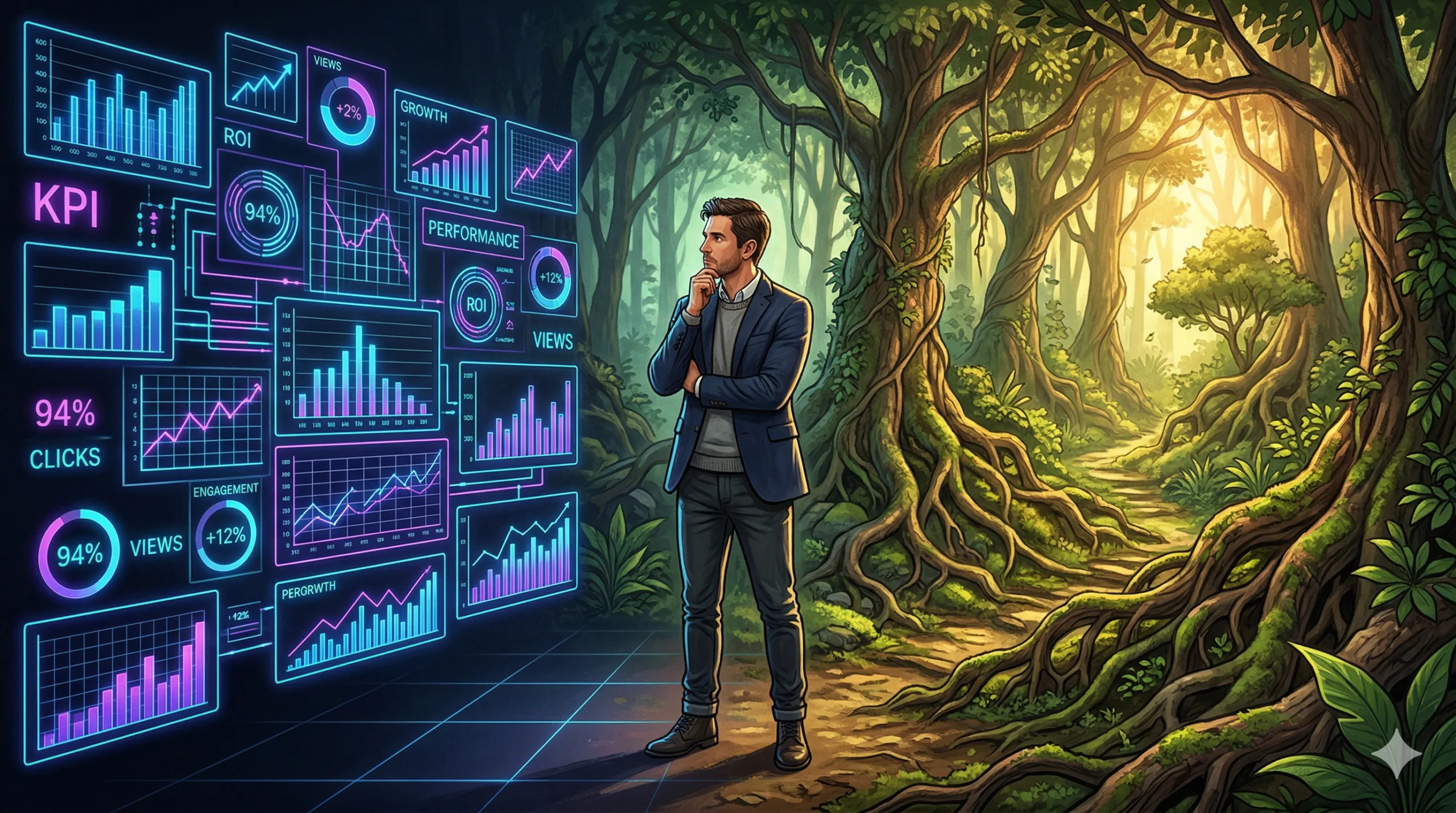 Modern iş dünyasında KPI ve başarı ölçümünün insan potansiyeli ve gerçeklikle etkileşimini, koçluk ve liderlik perspektifinden gösteren illüstrasyon.