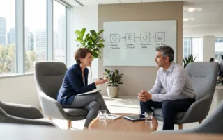 Koçluk seanslarında uygulanan dört aşamalı GROW modeli yapısı ve işleyişi.