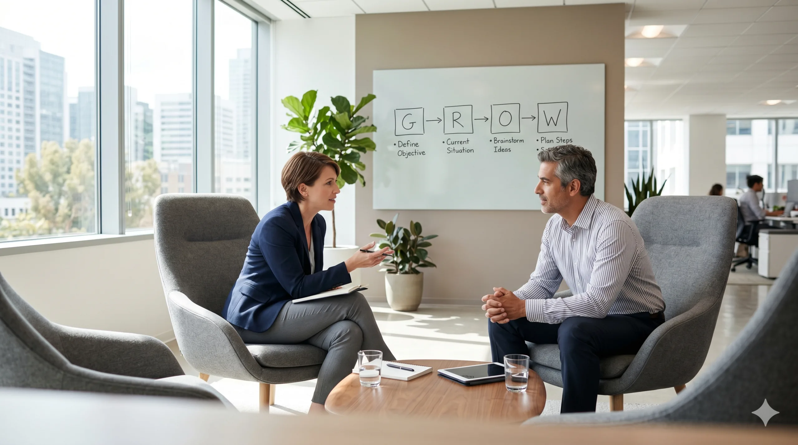 Koçluk seanslarında uygulanan dört aşamalı GROW modeli yapısı ve işleyişi.